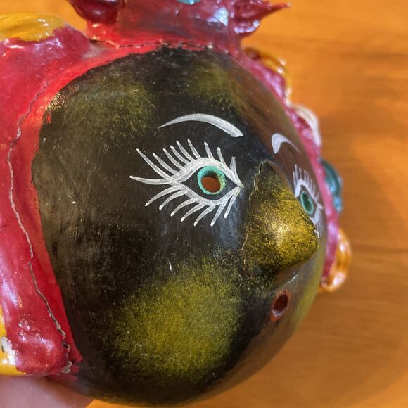 Vintage Hand Painted Mexican Folk Art Coconut Shell Mask Lady Spiky Hair - Picture 8 of 9